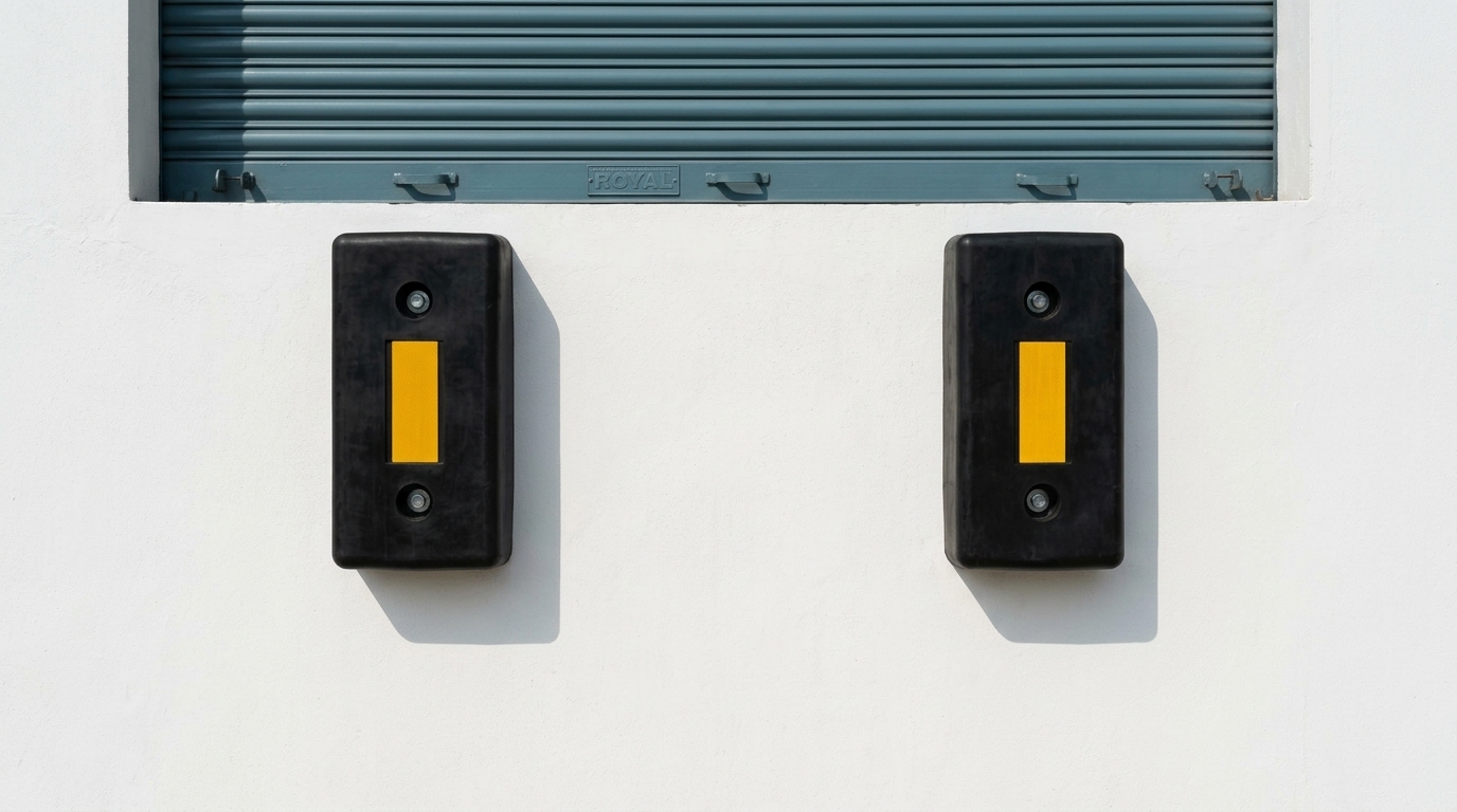 Heavy-duty industrial dock bumpers installed below a rolling shutter